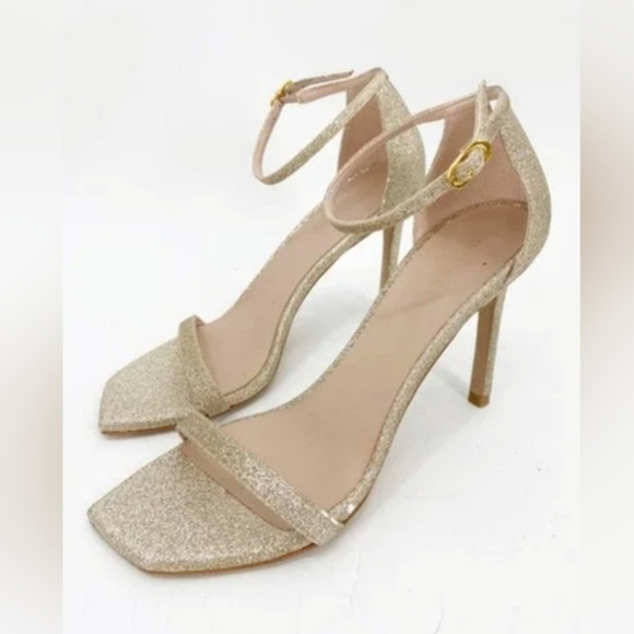 Stuart Weitzman Nudistcurve gold glitter shimmery anklestrap heels size 9.5 new - Picture 6 of 16